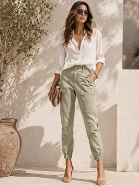 FRAME Trapunto Moto Cargo Jogger Pants Washed Aloe Sz 25 Cropped Utility Luxe